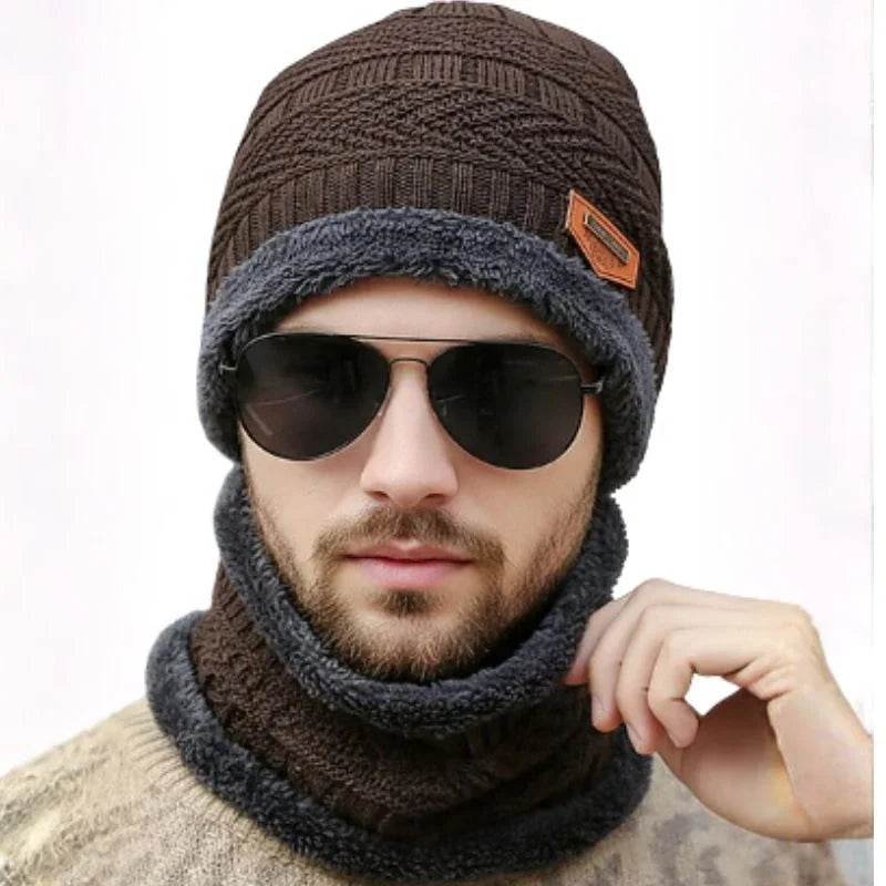 Winter Wool Cap with Neck Warmer Set | Thermal Beanie & Scarf Combo for Men and Women | Brown And Gray