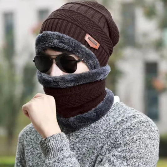 Winter Wool Cap with Neck Warmer Set | Thermal Beanie & Scarf Combo for Men and Women | Brown And Gray