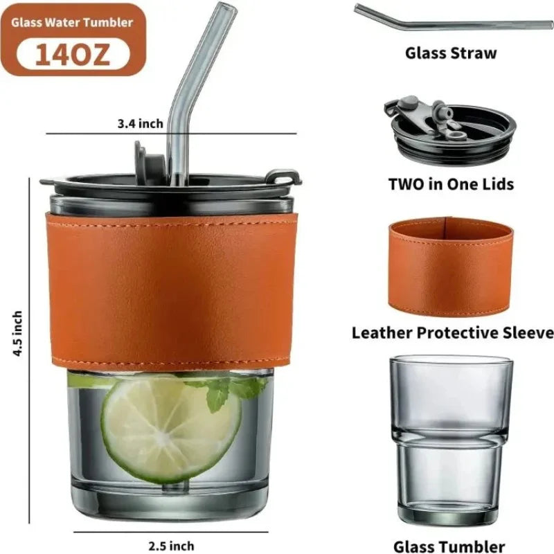 Bamboo Joint Glass Cup with Lid & Straw | 13oz Canped Tumbler with Leather Sleeve-Sha