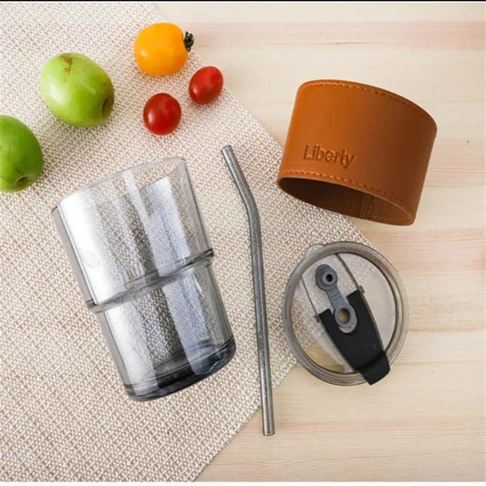 Bamboo Joint Glass Cup with Lid & Straw | 13oz Canped Tumbler with Leather Sleeve-Sha