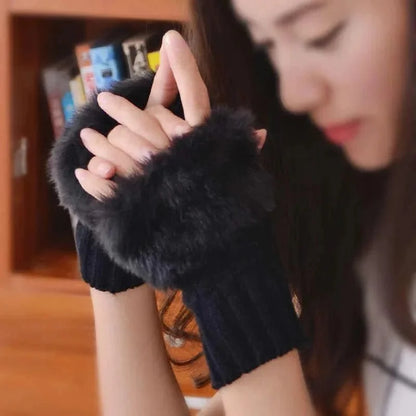 Women’s Faux Fur Fingerless Knitted Gloves | Warm Winter Hand Wrist Warmers | Soft, Stylish & Comfortable | Black