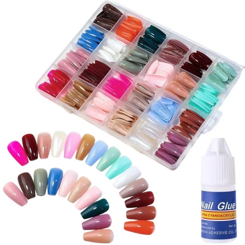 Multicolor Acrylic Artificial Nails Kit |  Full Cover Nails with Glue | 24 Shades | 576 Pcs