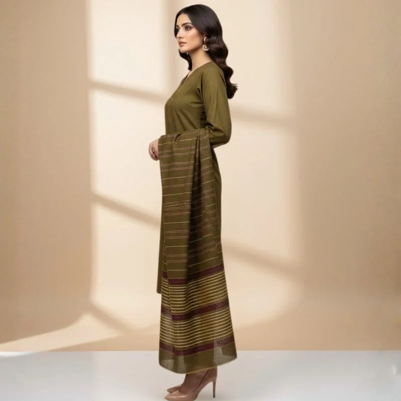 Winter Sussi Silk 3-Piece Suit for Women | Unstitched Plain Shirt & Trouser | Heavy Winter Sussi Shawl |  Olive Green