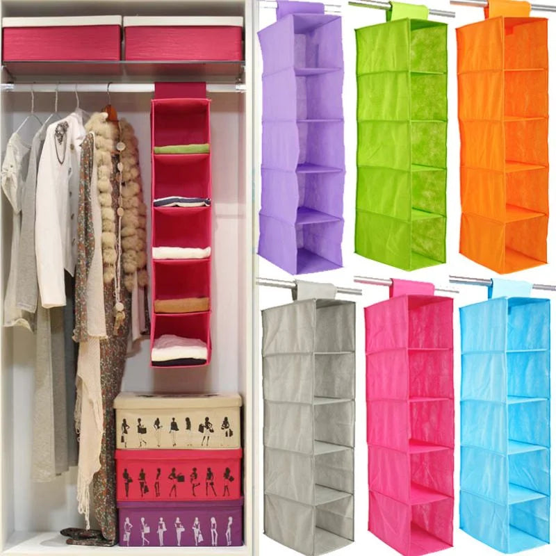 5 Shelf Clothes Hanging Organizer | Foldable Wardrobe Section Storage | Durable Fabric & Plastic