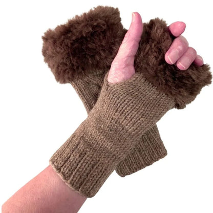 Women’s Faux Fur Fingerless Knitted Gloves | Warm Winter Hand Wrist Warmers | Soft, Stylish & Comfortable | Brown