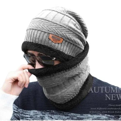 Winter Wool Cap with Neck Warmer Set | Thermal Beanie & Scarf Combo for Men and Women |  Gray